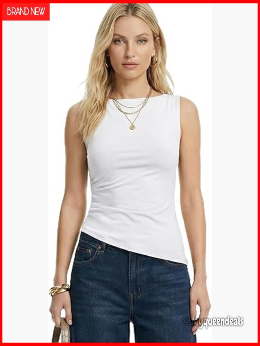 Slim Fit Ribbed Cotton Tank Top Boat Neck Asymmetric Pleat Detail